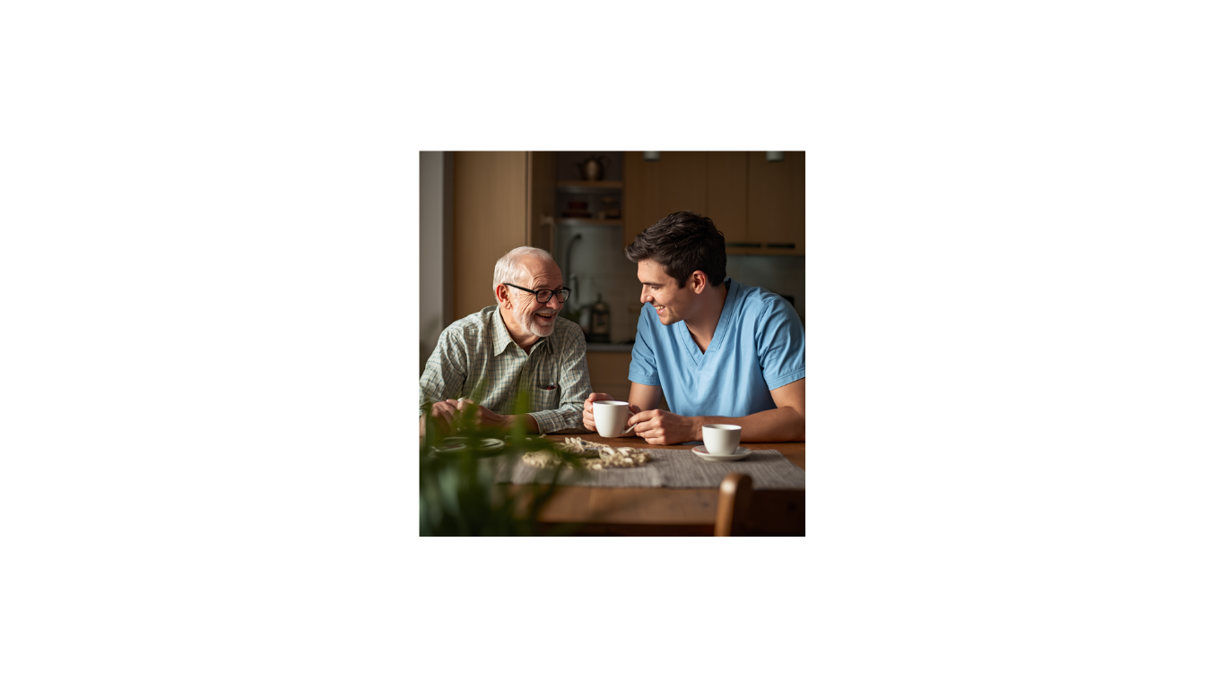 KindCare male PSW caregiver sharing a genuine laugh with elderly client over coffee at home